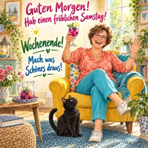 Lachende Frau mit Cocktailglas im gelben Sessel, schwarze Katze, Text: Guten Morgen! Hab einen fröhlichen Samstag! – Wochenende! Mach was Schönes draus!