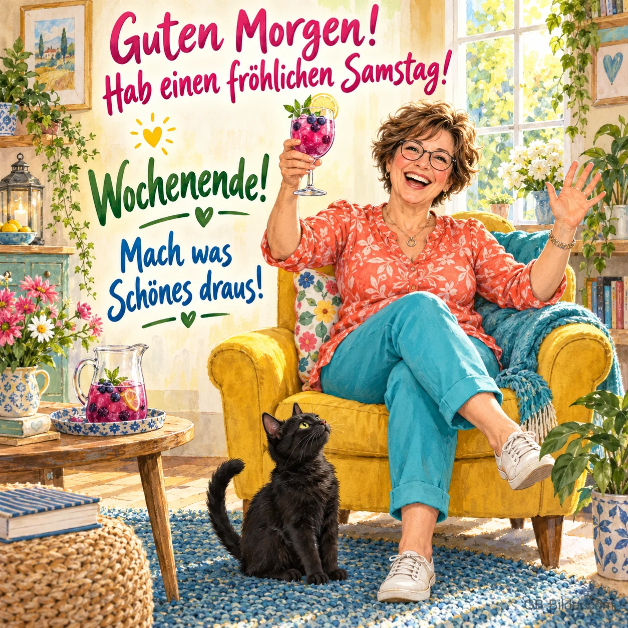 Lachende Frau mit Cocktailglas im gelben Sessel, schwarze Katze, Text: Guten Morgen! Hab einen fröhlichen Samstag! – Wochenende! Mach was Schönes draus!