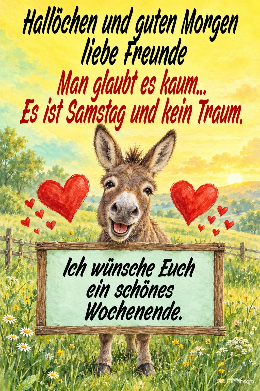 Lachender Esel mit Schild, Text: Hallöchen und guten Morgen liebe Freunde Lachender Esel mit Schild, Text: Hallöchen und guten Morgen liebe Freunde