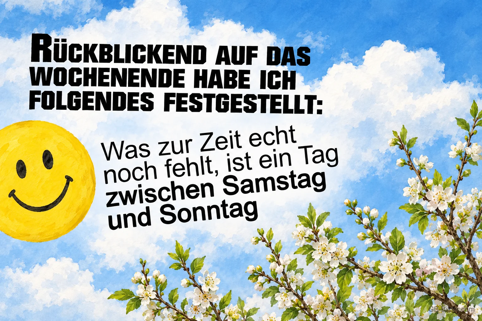 Lachender Smiley vor blauem Himmel und weißen Blüten, Text: RÜCKBLICKEND AUF DAS WOCHENENDE HABE ICH FOLGENDES FESTGESTELLT: Was zur Zeit echt noch fehlt, ist ein Tag zwischen Samstag und Sonntag Lachender Smiley vor blauem Himmel und weißen Blüten, Text: RÜCKBLICKEND AUF DAS WOCHENENDE HABE ICH FOLGENDES FESTGESTELLT: Was zur Zeit echt noch fehlt, ist ein Tag zwischen Samstag und Sonntag