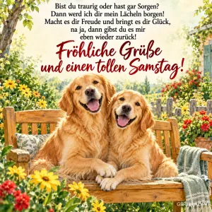 Zwei lachende Golden Retriever auf einer Gartenbank, Text: Bist du traurig oder hast gar Sorgen? Dann werd ich dir mein Lächeln borgen! Macht es dir Freude und bringt es dir Glück, na ja, dann gibst du es mir eben wieder zurück! Fröhliche Grüße und einen tollen Samstag!