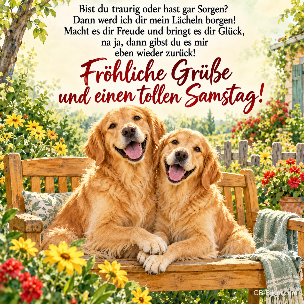 Zwei lachende Golden Retriever auf einer Gartenbank, Text: Bist du traurig oder hast gar Sorgen? Dann werd ich dir mein Lächeln borgen! Macht es dir Freude und bringt es dir Glück, na ja, dann gibst du es mir eben wieder zurück! Fröhliche Grüße und einen tollen Samstag!