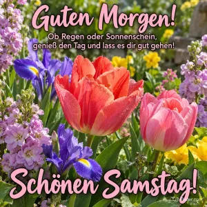 Rote und rosa Tulpen zwischen Iris und Levkojen, Text: Guten Morgen! Ob Regen oder Sonnenschein, genieß den Tag und lass es dir gut gehen! – Schönen Samstag!