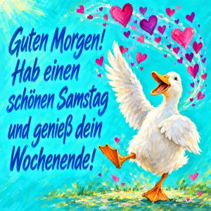 Weiße Ente breitet tanzend die Flügel aus, Herzen fliegen, Text: Guten Morgen! Hab einen schönen Samstag und genieß dein Wochenende!