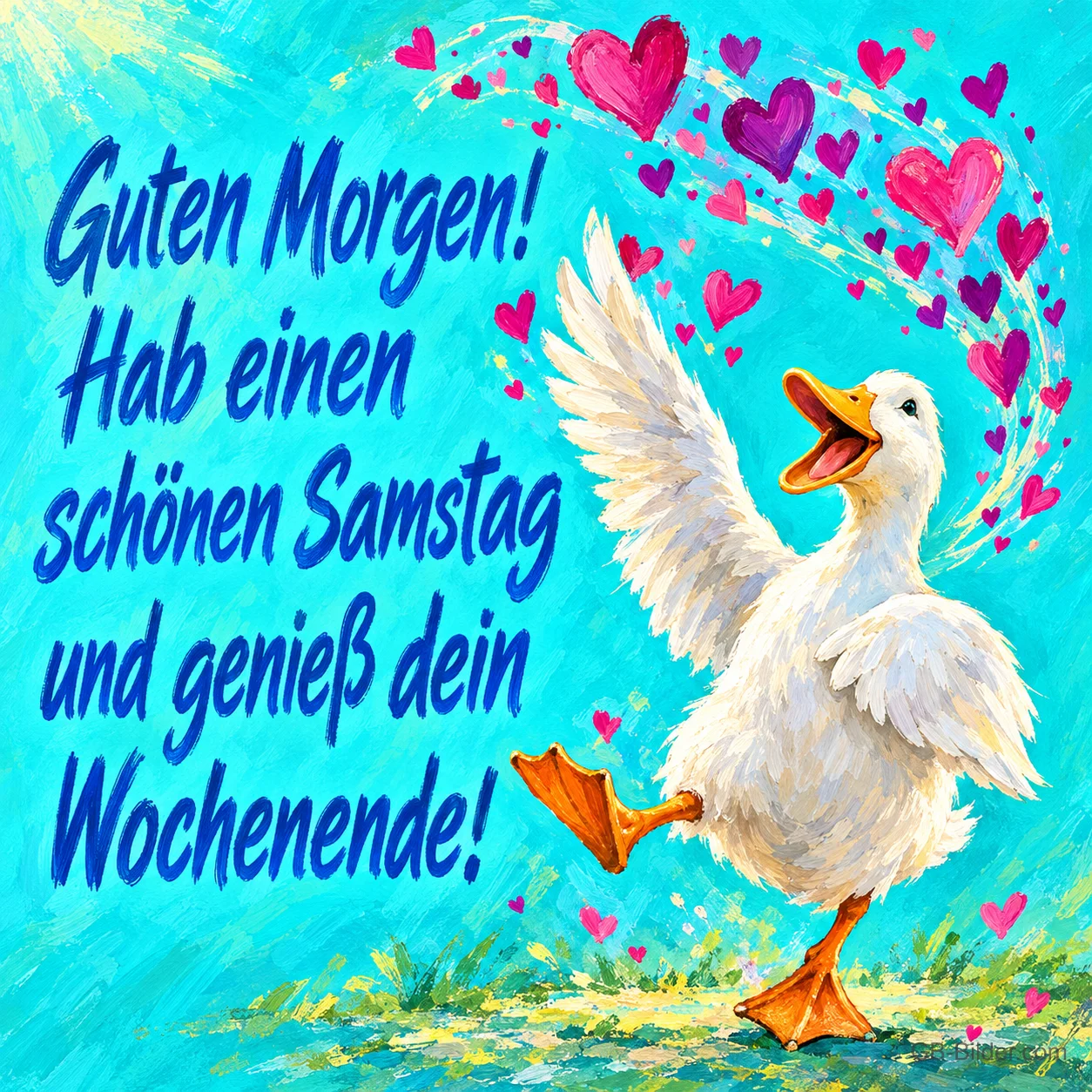 Weiße Ente breitet tanzend die Flügel aus, Herzen fliegen, Text: Guten Morgen! Hab einen schönen Samstag und genieß dein Wochenende!