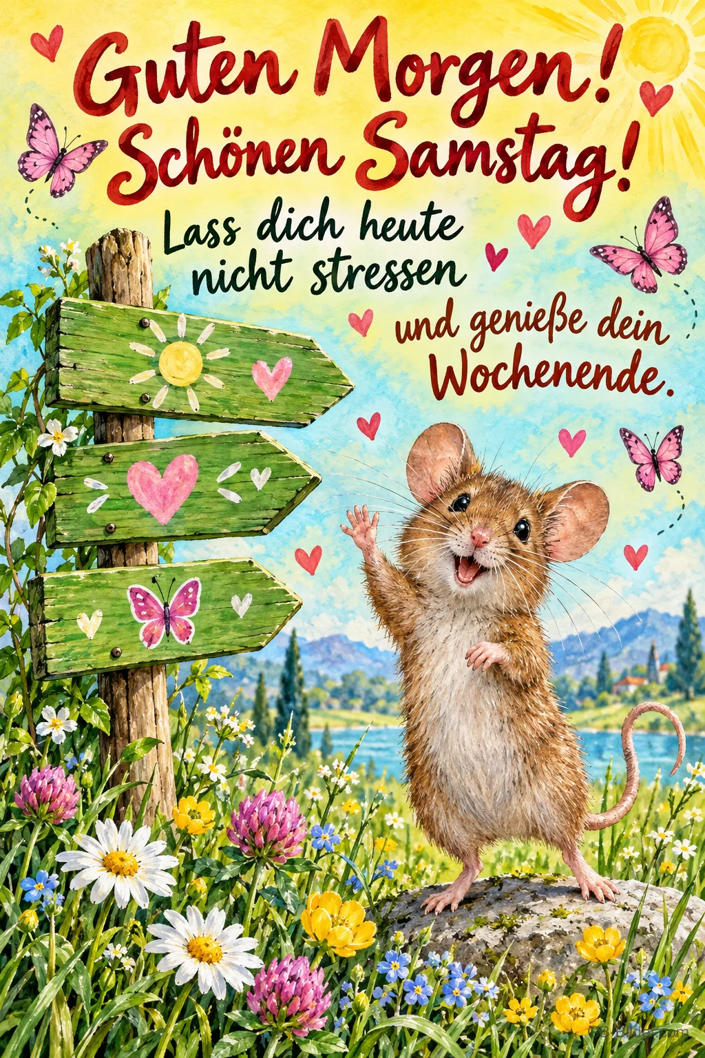 Maus winkt neben einem Wegweiser mit Herzen auf einer Blumenwiese, Text: Guten Morgen! Schönen Samstag! Lass dich heute nicht stressen und genieße dein Wochenende.