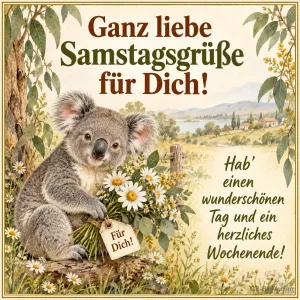 Koala mit Margeriten, Text: Ganz liebe Samstagsgrüße für Dich
