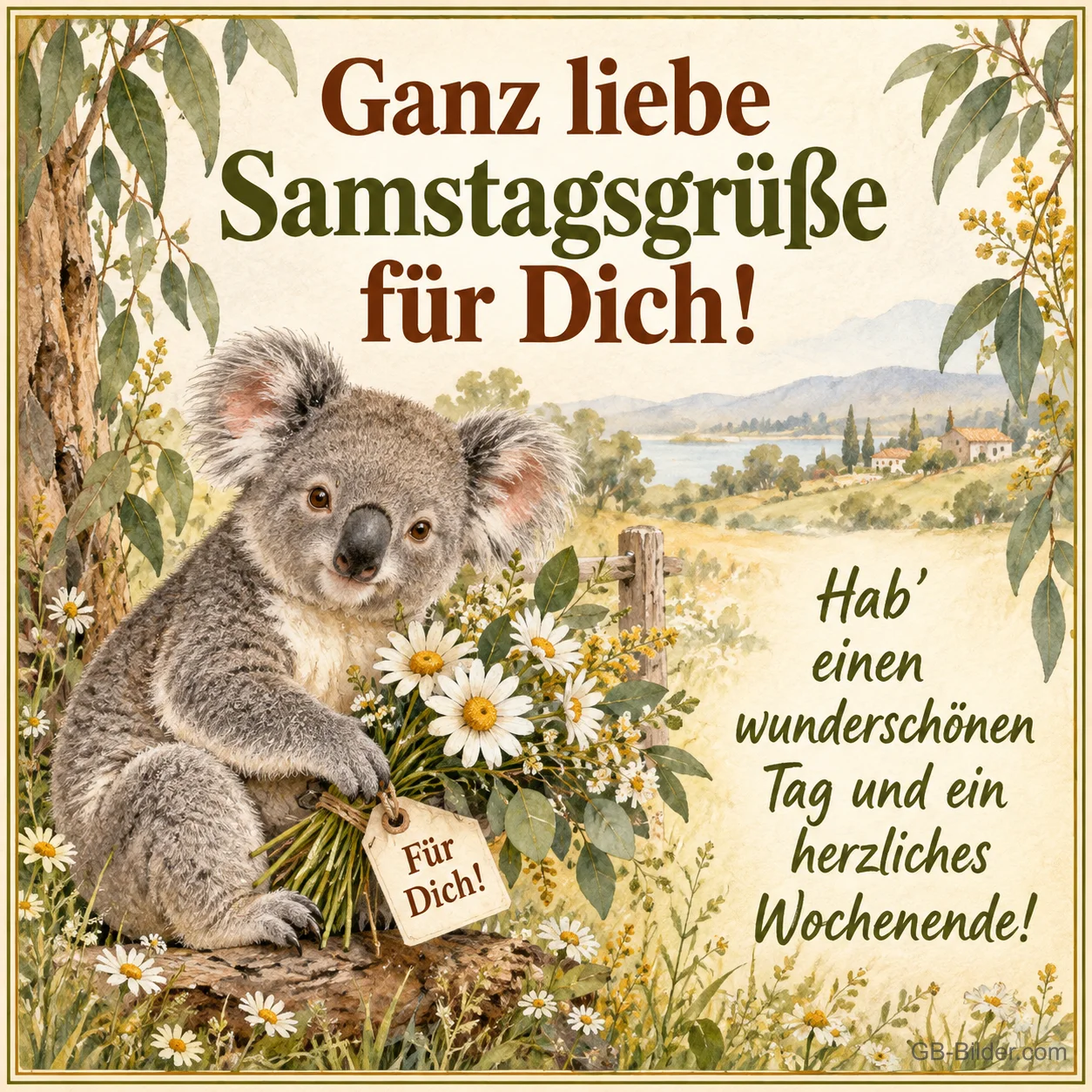 Koala mit Margeriten, Text: Ganz liebe Samstagsgrüße für Dich