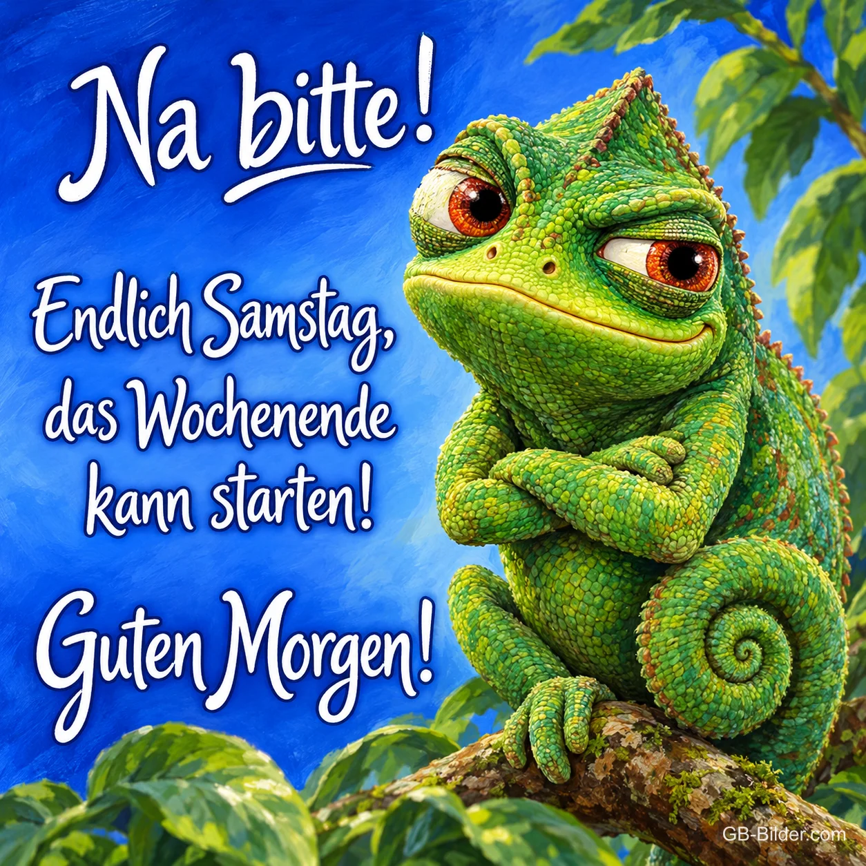 Grimmiges Chamäleon verschränkt die Arme auf einem Ast, Text: Na bitte! Endlich Samstag, das Wochenende kann starten! Guten Morgen!
