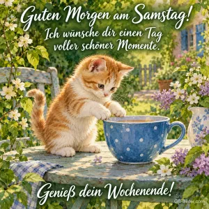 Rotes Kätzchen tastet nach einer blauen Punkte-Tasse im Garten, Text: Guten Morgen am Samstag! Ich wünsche dir einen Tag voller schöner Momente. – Genieß dein Wochenende!