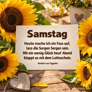 Karte mit Gedicht zwischen Sonnenblumen und Holzherz, Text: Samstag – Heute mache ich ein Fass auf, lass die Sorgen Sorgen sein. Mit ein wenig Glück heut' Abend klappt es mit dem Lottoschein. – Norbert van Tiggelen