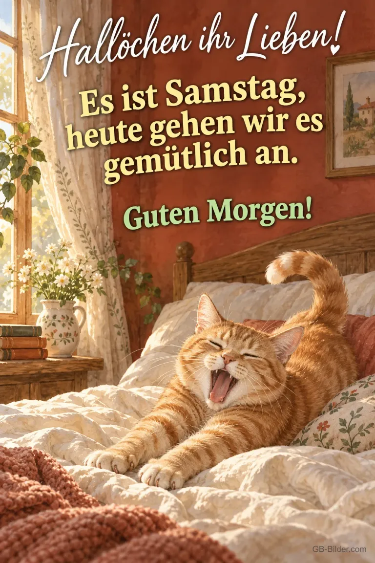 Rote Katze streckt sich gähnend im Bett, Text: Hallöchen ihr Lieben! Es ist Samstag, heute gehen wir es gemütlich an. Guten Morgen!