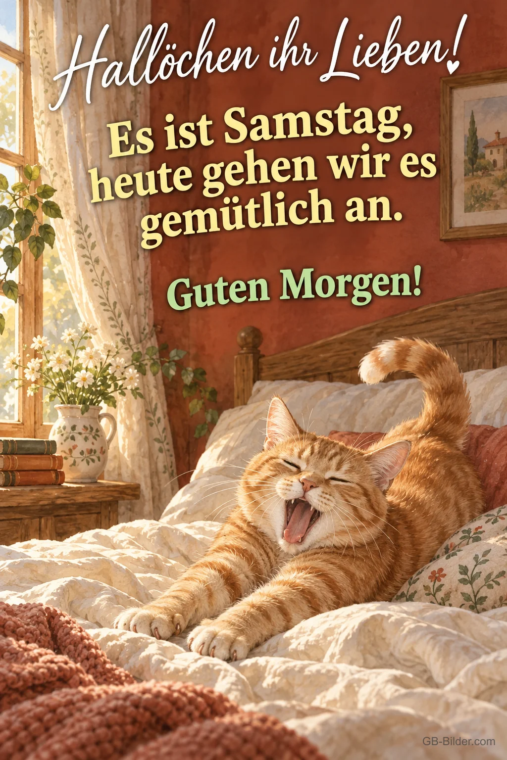 Rote Katze streckt sich gähnend im Bett, Text: Hallöchen ihr Lieben! Es ist Samstag, heute gehen wir es gemütlich an. Guten Morgen!