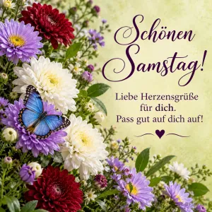 Astern, Dahlien und blauer Schmetterling, Text: Schönen Samstag! – Liebe Herzensgrüße für dich. Pass gut auf dich auf!