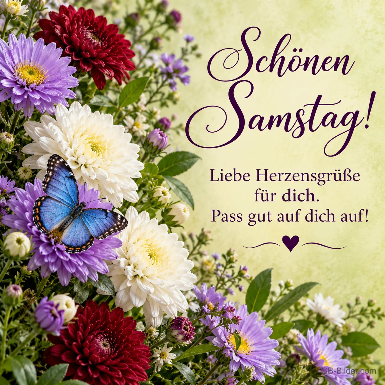 Astern, Dahlien und blauer Schmetterling, Text: Schönen Samstag! – Liebe Herzensgrüße für dich. Pass gut auf dich auf!