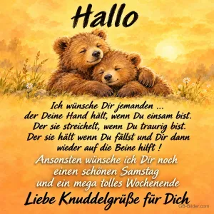 Zwei Bärenjunge kuscheln auf einer Wiese im Sonnenlicht, Text: Hallo – Ich wünsche Dir jemanden … der Deine Hand hält, wenn Du einsam bist. Der sie streichelt, wenn Du traurig bist. Der sie hält wenn Du fällst und Dir dann wieder auf die Beine hilft! Ansonsten wünsche ich Dir noch einen schönen Samstag und ein mega tolles Wochenende. Liebe Knuddelgrüße für Dich