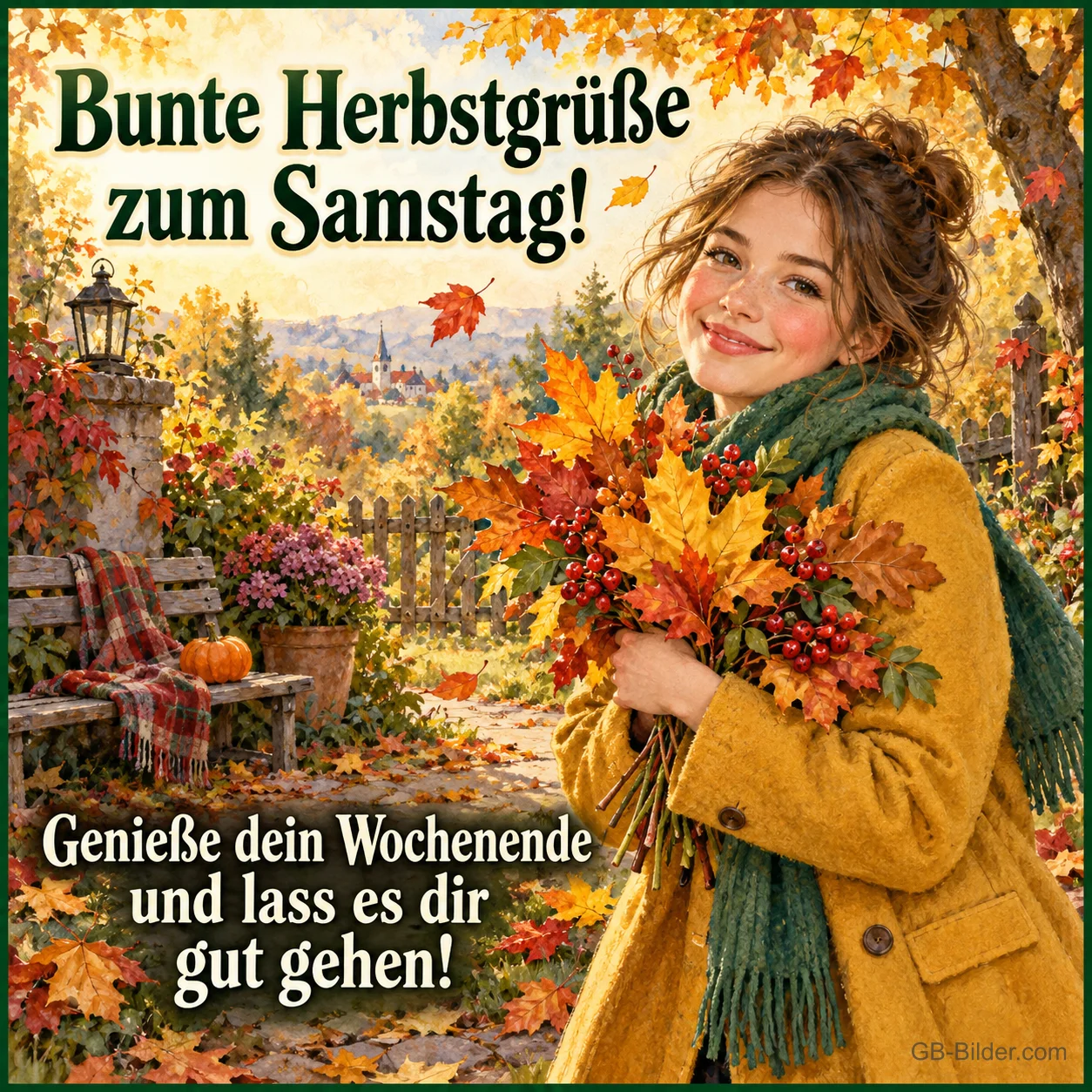 Lächelnde Frau mit gelbem Mantel hält einen Strauß bunter Herbstblätter, Text: Bunte Herbstgrüße zum Samstag! – Genieße dein Wochenende und lass es dir gut gehen!