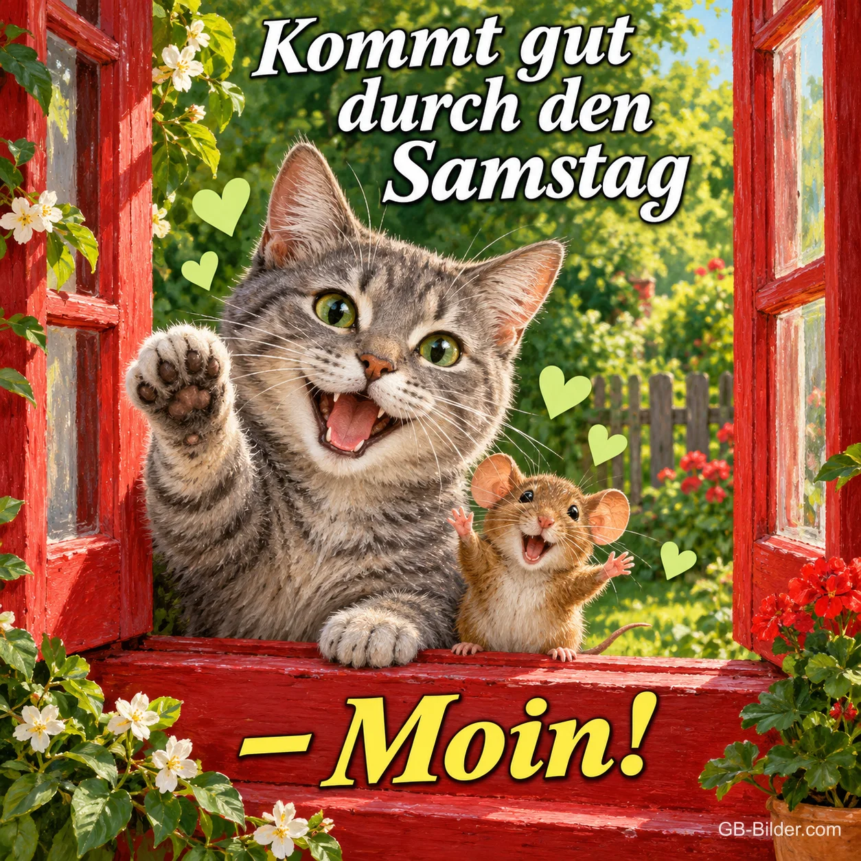 Lachende Tigerkatze winkt mit einer Maus aus einem roten Fenster, Text: Kommt gut durch den Samstag – Moin!