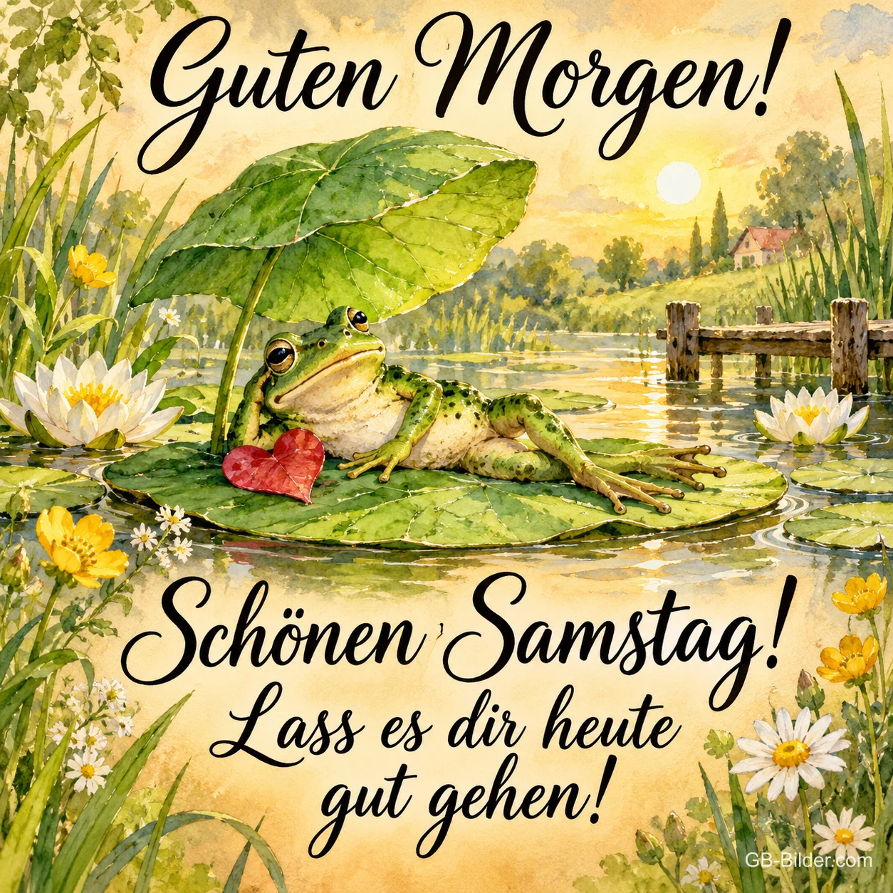 Frosch liegt mit Herz unter einem Blatt auf einem Seerosenblatt, Text: Guten Morgen! Schönen Samstag! – Lass es dir heute gut gehen!