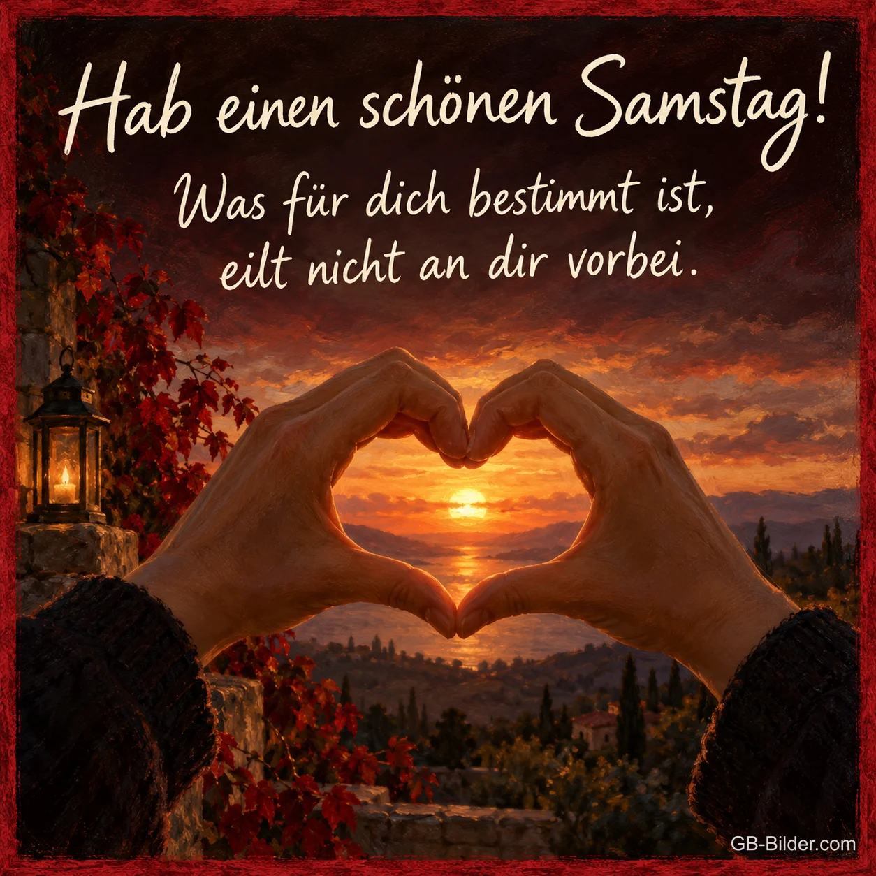 Hände formen ein Herz vor dem Sonnenuntergang, Text: Hab einen schönen Samstag! – Was für dich bestimmt ist, eilt nicht an dir vorbei.