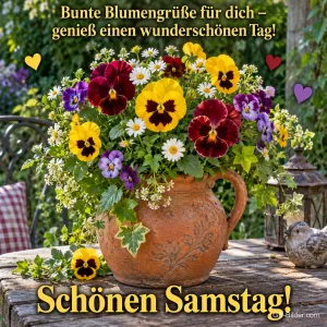 Tonkrug voller bunter Stiefmütterchen und Margeriten, Text: Bunte Blumengrüße für dich – genieß einen wunderschönen Tag! – Schönen Samstag!