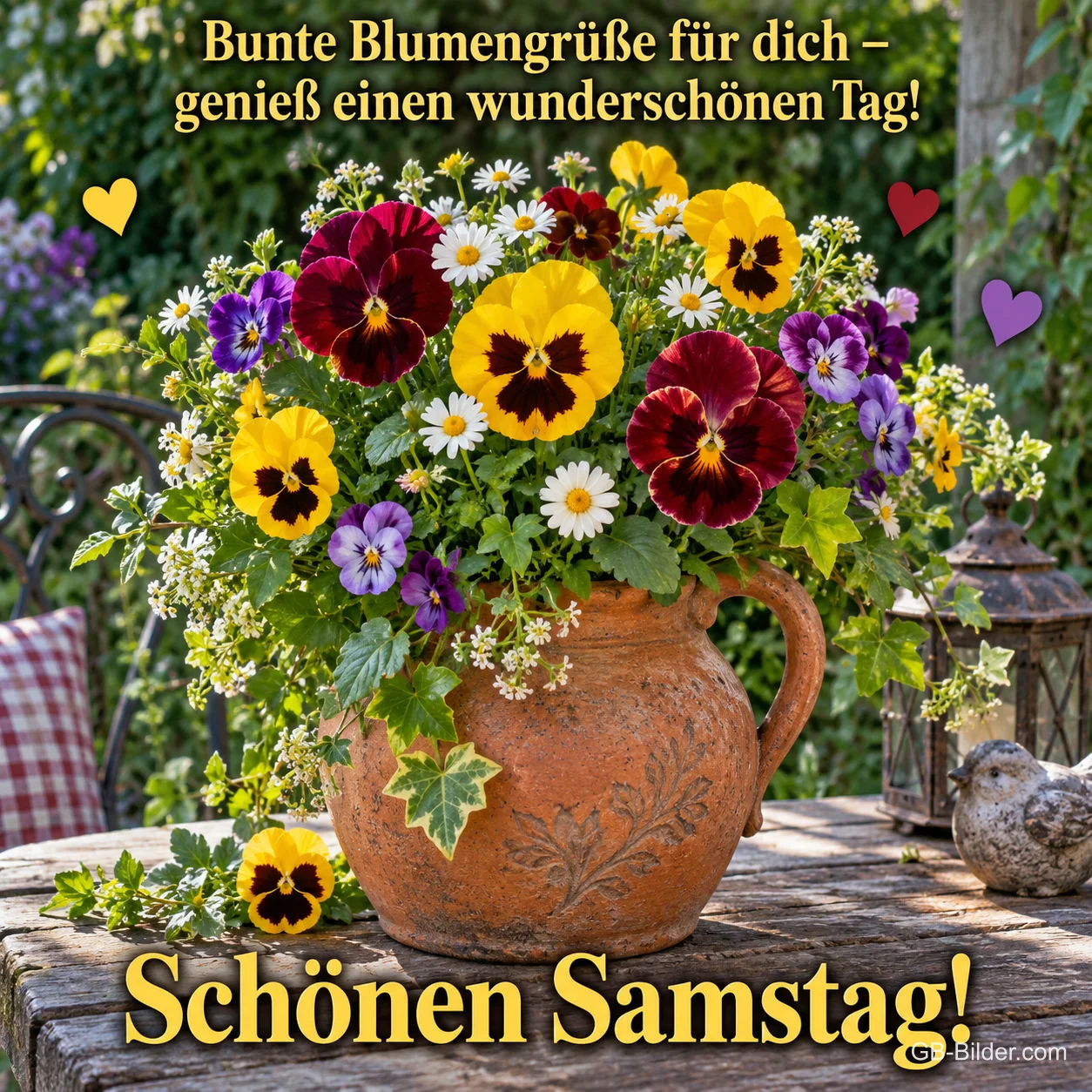 Tonkrug voller bunter Stiefmütterchen und Margeriten, Text: Bunte Blumengrüße für dich – genieß einen wunderschönen Tag! – Schönen Samstag!