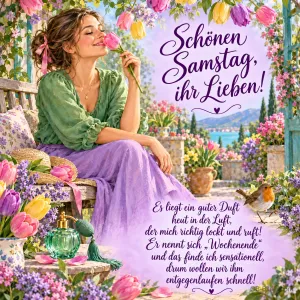 Frau riecht an einer Tulpe in einem Blumengarten, Text: Schönen Samstag, ihr Lieben! Es liegt ein guter Duft heut in der Luft, der mich richtig lockt und ruft! Er nennt sich „Wochenende“ und das finde ich sensationell, drum wollen wir ihm entgegenlaufen schnell!