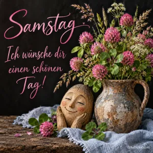 Lächelndes Holzgesicht neben einem Krug mit Wiesenklee, Text: Samstag – Ich wünsche dir einen schönen Tag!