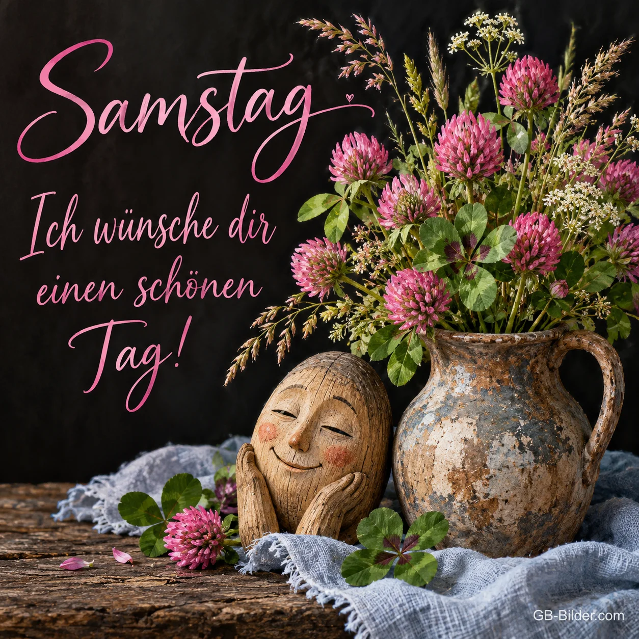 Lächelndes Holzgesicht neben einem Krug mit Wiesenklee, Text: Samstag – Ich wünsche dir einen schönen Tag!