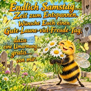 Lächelnde Biene hält einen Strauß Margeriten, Text: Endlich Samstag.... Zeit zum Entspannen. Wünsche Euch einen Gute-Laune-viel-Freude-Tag, dazu eine Umarmung ... gratis.... von mir.