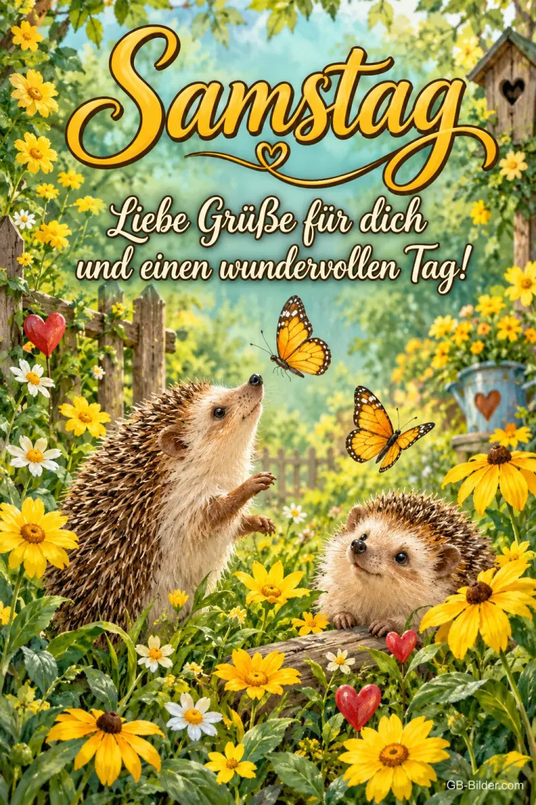 Zwei Igel schauen Schmetterlingen zwischen Blumen nach, Text: Samstag – Liebe Grüße für dich und einen wundervollen Tag!