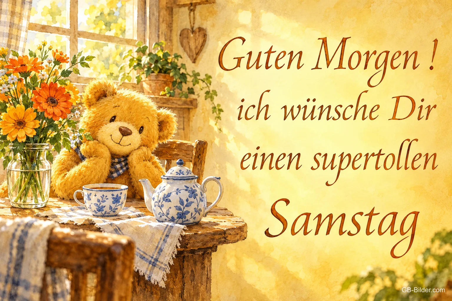 Teddybär mit Teekanne, Text: Guten Morgen