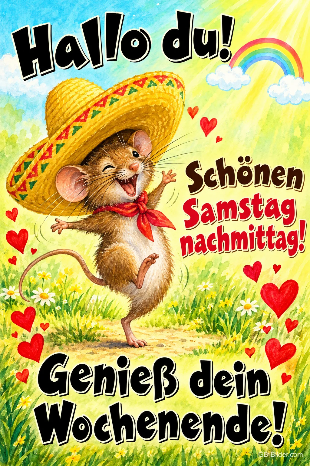 Maus mit Sombrero und rotem Halstuch tanzt lachend zwischen Herzen, Text: Hallo du! Schönen Samstagnachmittag! Genieß dein Wochenende!