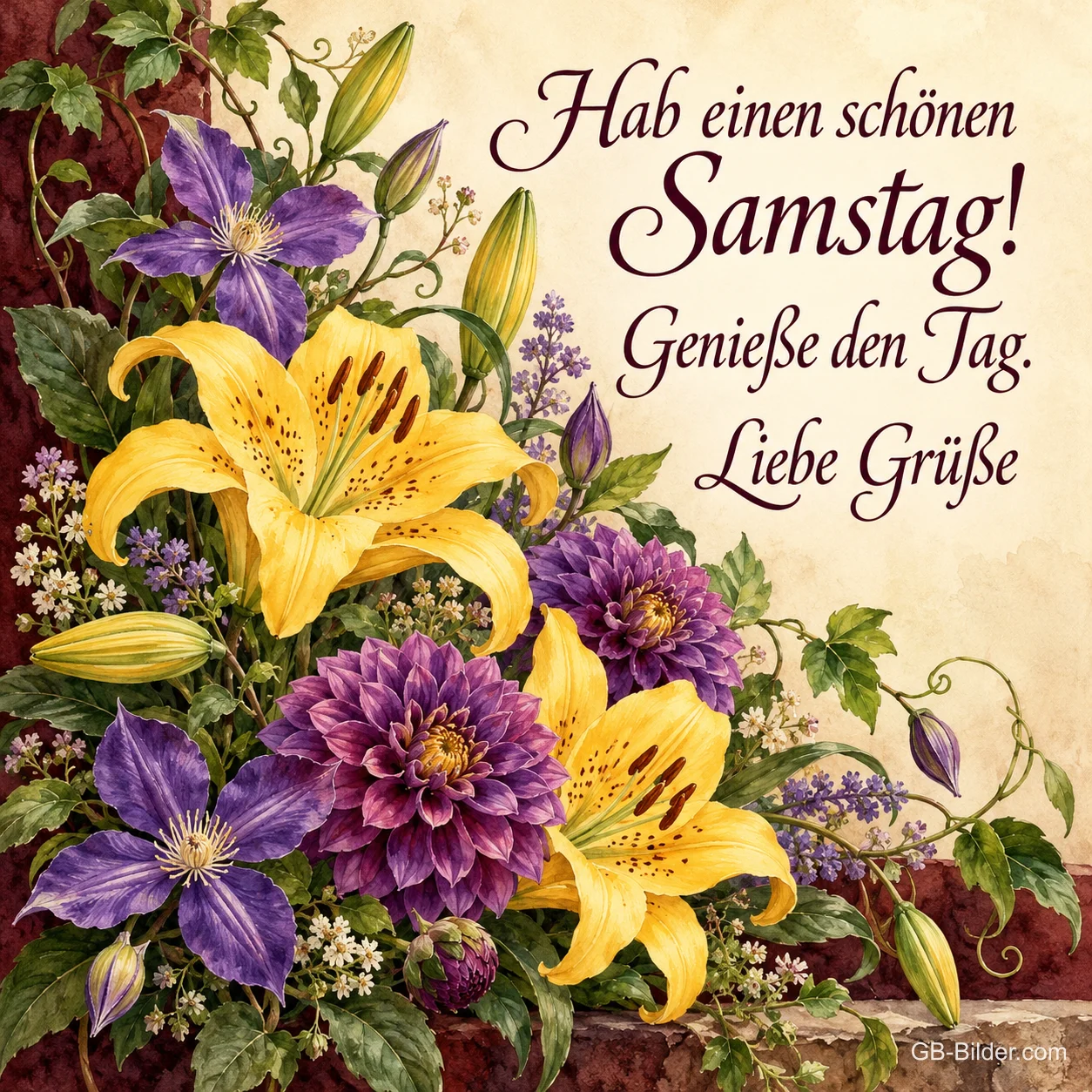 Gelbe Lilien, lila Clematis und Dahlien, Text: Hab einen schönen Samstag! – Genieße den Tag. Liebe Grüße