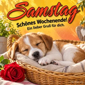 Welpe schläft in einem Korb neben einer roten Rose, Text: Samstag – Schönes Wochenende! Ein lieber Gruß für dich.