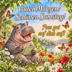 Lachendes Nilpferd mit Notizblock auf einer Blumenwiese am See, Text: Guten Morgen! Schönen Samstag! – Pass gut auf dich auf!