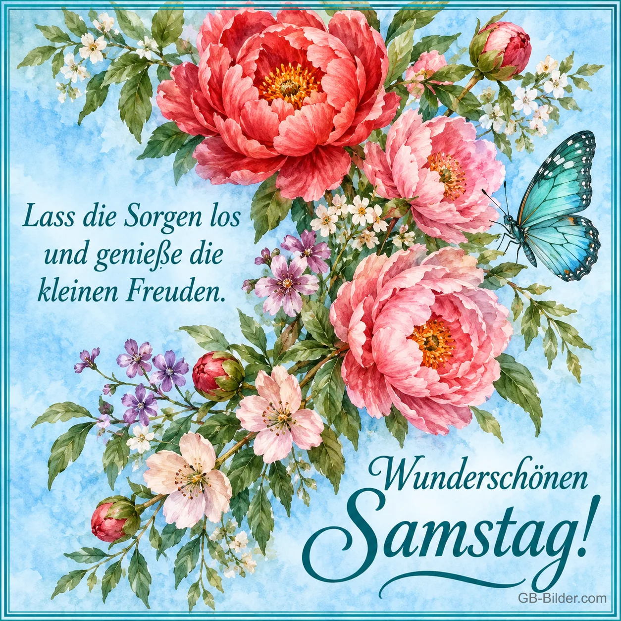 Rosa Pfingstrosen und Wildblumen mit blauem Schmetterling, Text: Lass die Sorgen los und genieße die kleinen Freuden. – Wunderschönen Samstag!