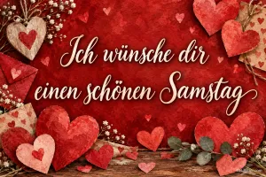 Viele rote Herzen auf einem Holztisch, Text: Ich wünsche dir einen schönen Samstag