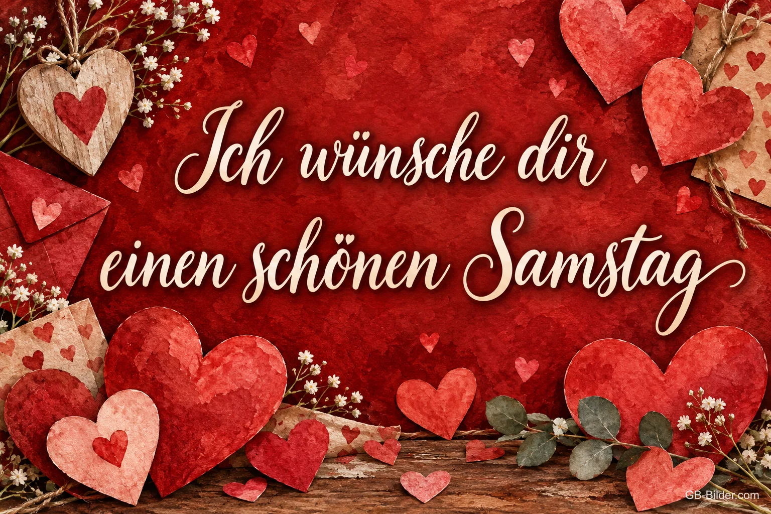 Viele rote Herzen auf einem Holztisch, Text: Ich wünsche dir einen schönen Samstag