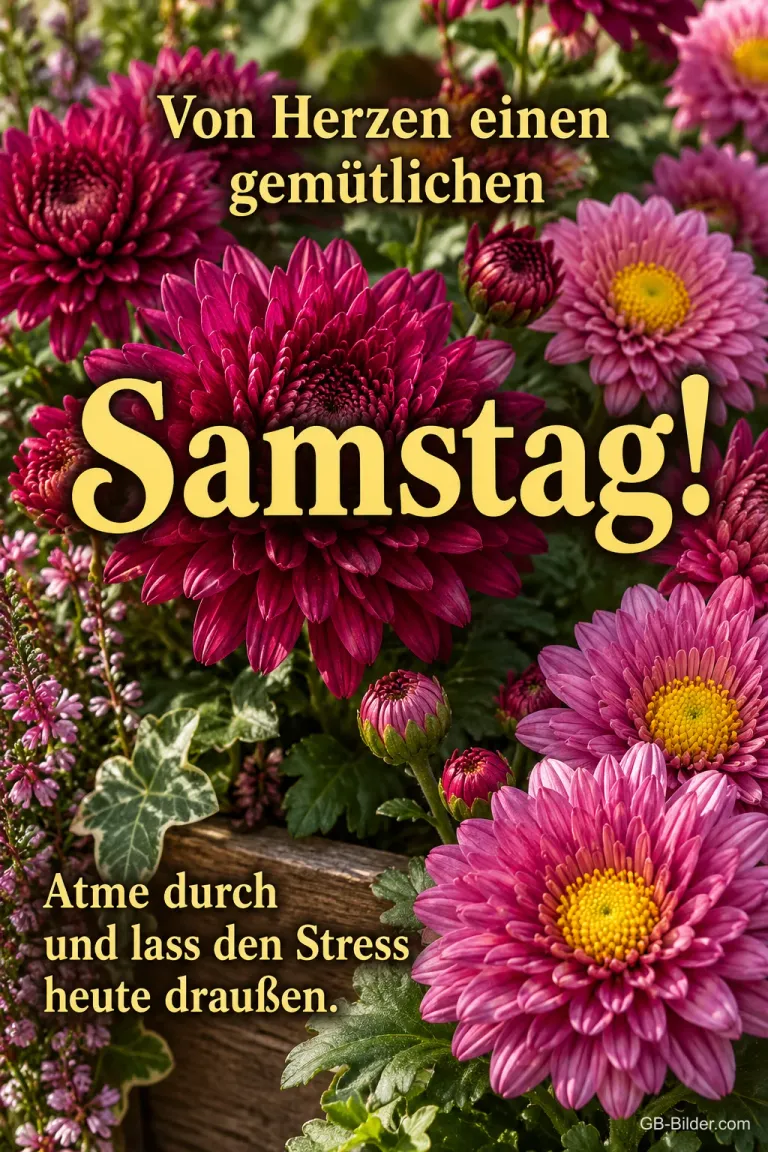 Pinke Chrysanthemen in einem Holzkasten, Text: Von Herzen einen gemütlichen Samstag! – Atme durch und lass den Stress heute draußen.