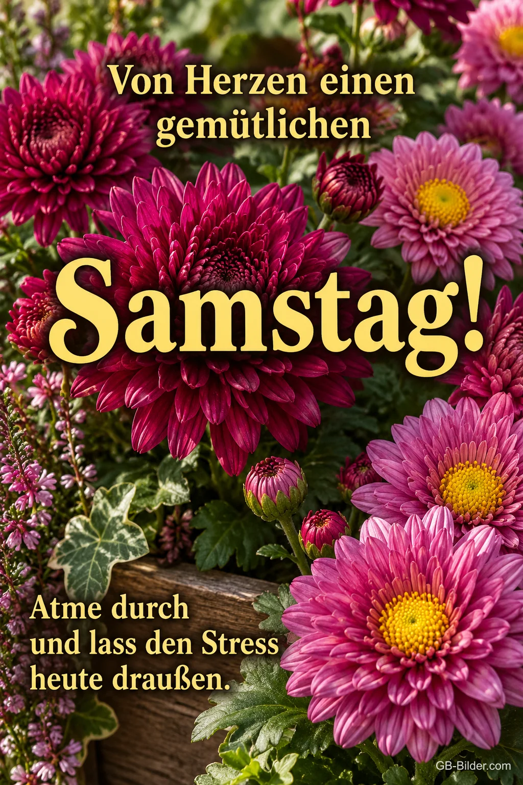 Pinke Chrysanthemen in einem Holzkasten, Text: Von Herzen einen gemütlichen Samstag! – Atme durch und lass den Stress heute draußen.