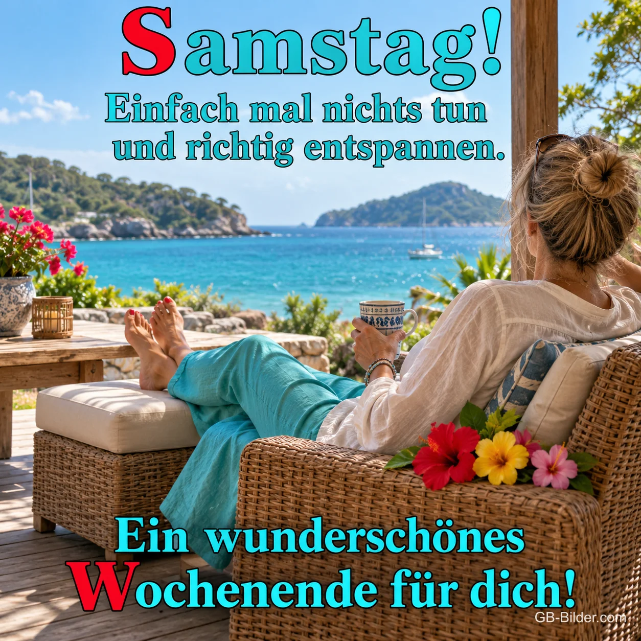 Frau entspannt mit Tasse im Korbsessel über dem Meer, Text: Samstag! Einfach mal nichts tun und richtig entspannen. – Ein wunderschönes Wochenende für dich!