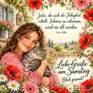Lächelnde Frau umarmt eine getigerte Katze zwischen Mohnblumen, Text: Jeder, der sich die Fähigkeit erhält, Schönes zu erkennen, wird nie alt werden. – Franz Kafka – Liebe Grüße am Samstag – Bleib gesund!