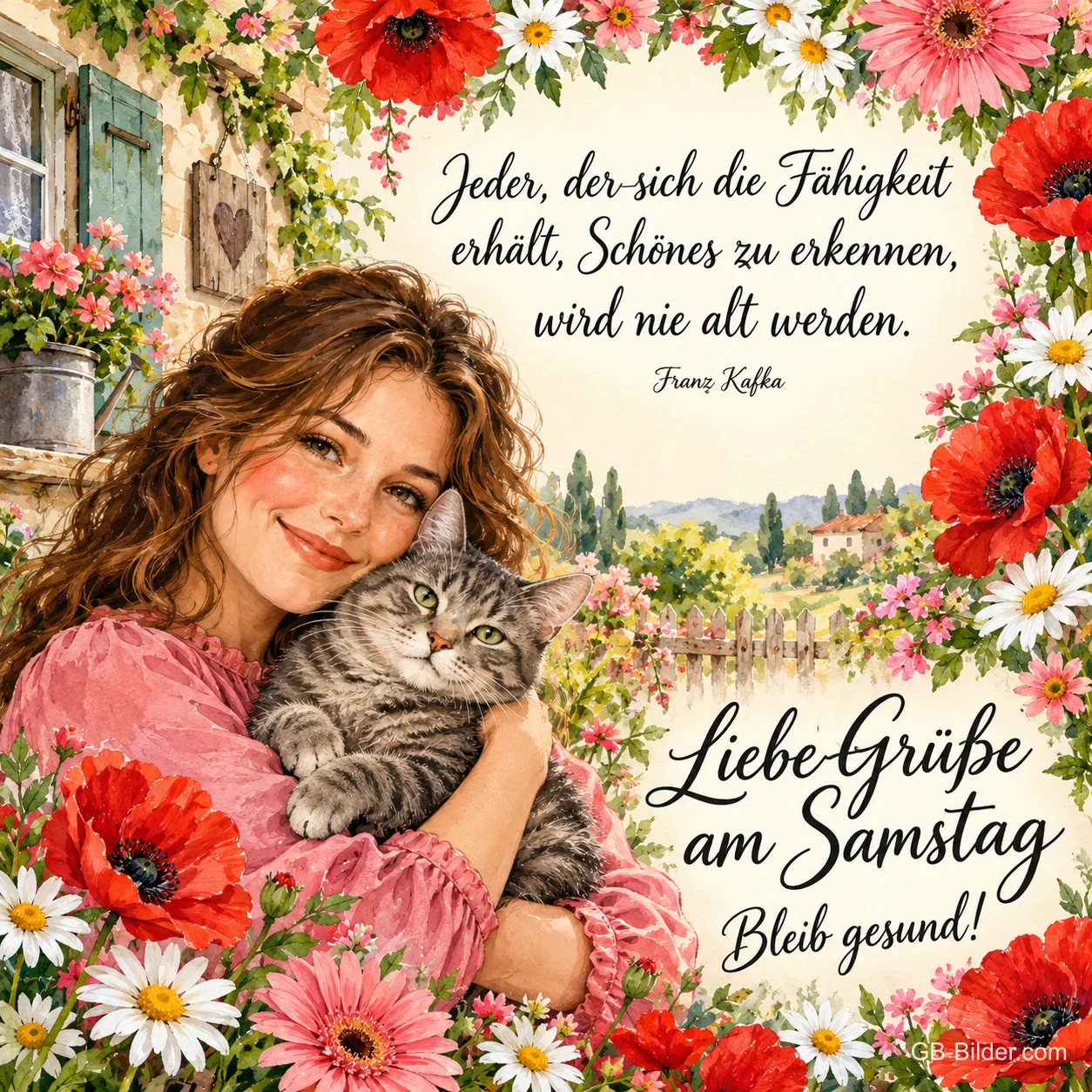 Lächelnde Frau umarmt eine getigerte Katze zwischen Mohnblumen, Text: Jeder, der sich die Fähigkeit erhält, Schönes zu erkennen, wird nie alt werden. – Franz Kafka – Liebe Grüße am Samstag – Bleib gesund!