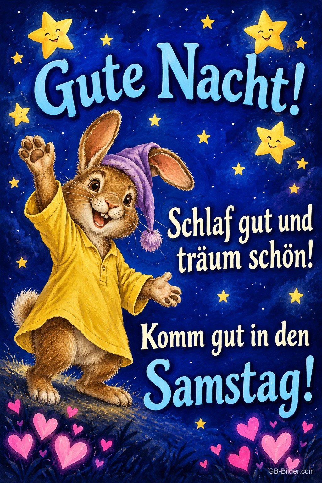 Hase mit Zipfelmütze und gelbem Hemd winkt unter lächelnden Sternen, Text: Gute Nacht! Schlaf gut und träum schön! Komm gut in den Samstag!