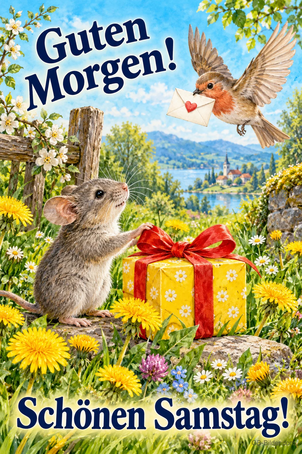 Maus mit gelbem Geschenk, Rotkehlchen bringt einen Brief, Text: Guten Morgen! – Schönen Samstag!