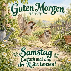 Zwei Spatzen flattern auf einem Gartenweg, Text: Guten Morgen – Samstag – Einfach mal aus der Reihe tanzen!