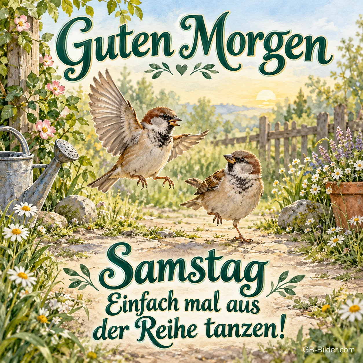 Zwei Spatzen flattern auf einem Gartenweg, Text: Guten Morgen – Samstag – Einfach mal aus der Reihe tanzen!