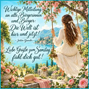 Frau schaukelt unter Blüten über einem See, Text: Wichtige Mitteilung an alle Bürgerinnen und Bürger: Die Welt ist hier und jetzt! – Jostein Gaarder – Liebe Grüße zum Samstag, fühl dich gut!
