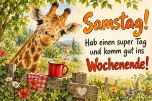 Grinsende Giraffe über einem Gartenzaun mit roter Tasse, Text: Samstag! – Hab einen super Tag und komm gut ins Wochenende!